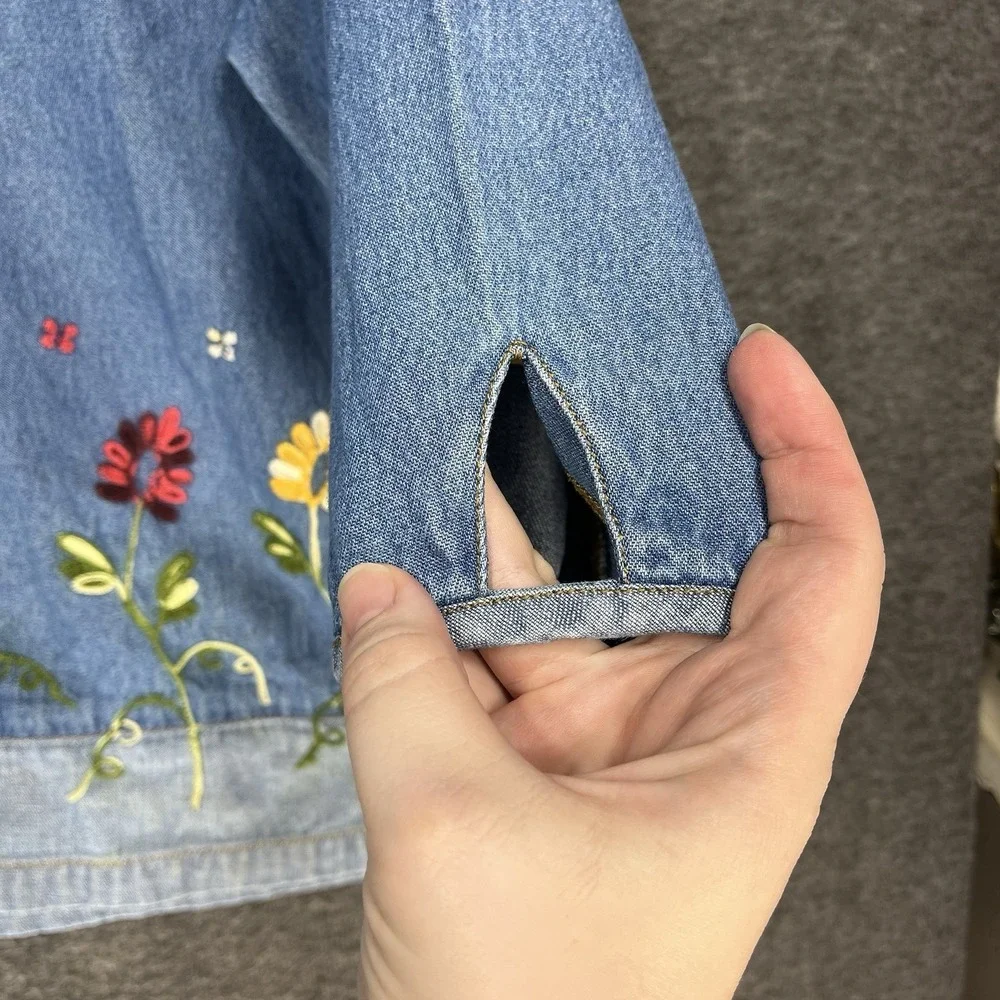 Bleu Bayou Denim Jean Blouse Shirt Womens S Embroidered Floral Cottagecore Y2K - Picture 7 of 16